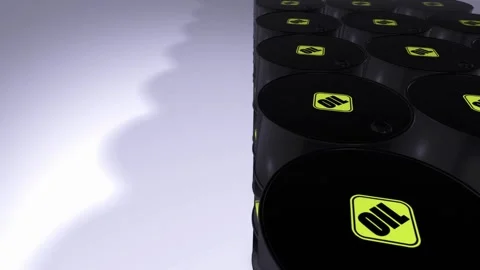 A row of oil barrels in the background. 3D animation of storage and production. Stock-Footage 334031155