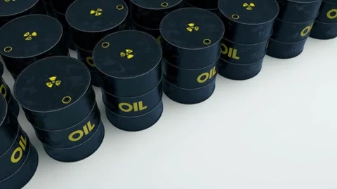 A row of oil barrels in the background. 3D animation of storage and production. 動画素材 334031197