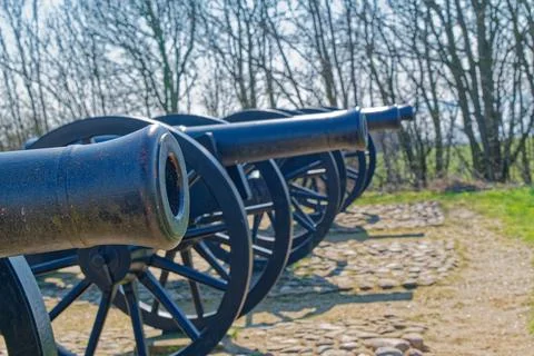 Row of old black cannons lined up outdoors on a sunny day with trees in bac.. Stock Photos