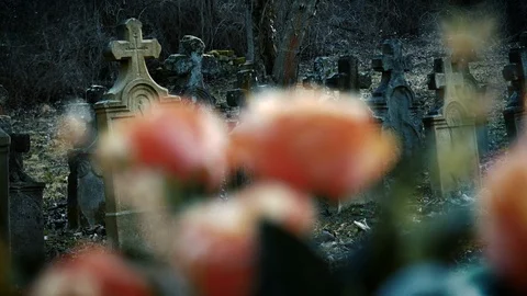 Row of old stone crosses behind flower wreath in cemetery / 4k slider record Stock Footage 124965372