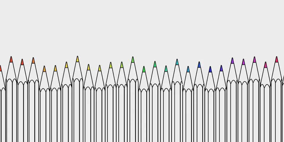Row of outlined pencils with rainbow or spectrum palette colored tips rando.. Stock Illustration