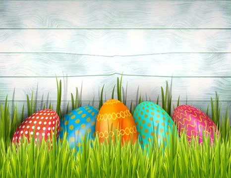 Row of painted Easter eggs on light wooden background with green grass Stock Illustration