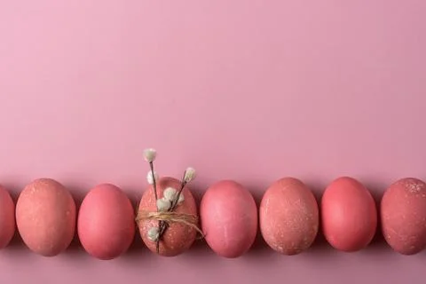 Row of pink Easter eggs on pastel background with rustic twine and pussy will Stock Photos