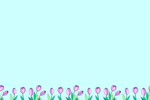 Row of pink tulip flowers. Vector hand drawn spring background isolated. Hori Stock Illustration