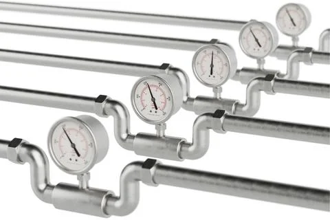 Row of Pipelines with Pressure Gauges. 3d Rendering Stock Illustration