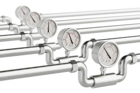 Row of Pipelines with Pressure Gauges. 3d Rendering Stock Illustration