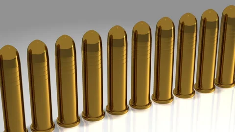 Row of Polished Brass Bullets Over Light Background - 3D Illustration Stock Footage 146571211