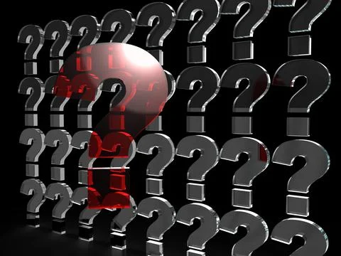 Row of question marks on a black background. 3d render. Illustrazione stock