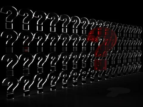 Row of question marks on a black background. 3d render. Stock Illustration