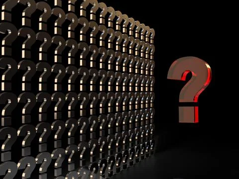 Row of question marks on a black background. 3d render. Stock Illustration