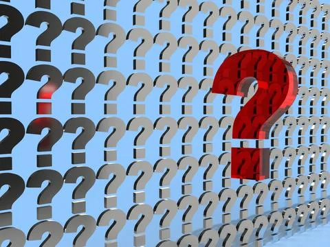 Row of question marks on a blue background. 3d render. Illustrazione stock