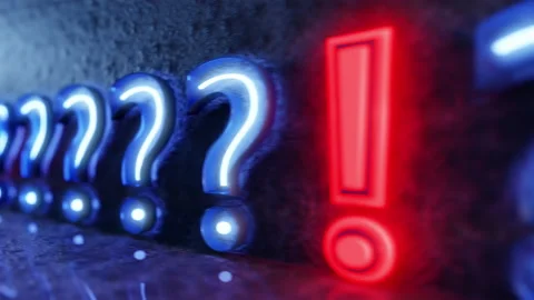 Row of question marks with luminous exclamation mark.  Looped video. Video stock 224822368