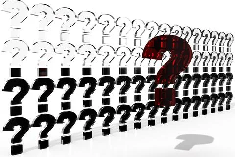 Row of question marks on a white background. 3d render. Stock Illustration