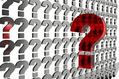 Row of question marks on a white background. 3d render. Stock Illustration