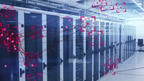 Row of racks showing magenta nodes from left, spreading lines forming network, Stock Footage 333004672