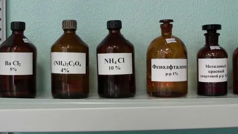 Row of reactives in a chemical laboratory Stock-Footage 70391840