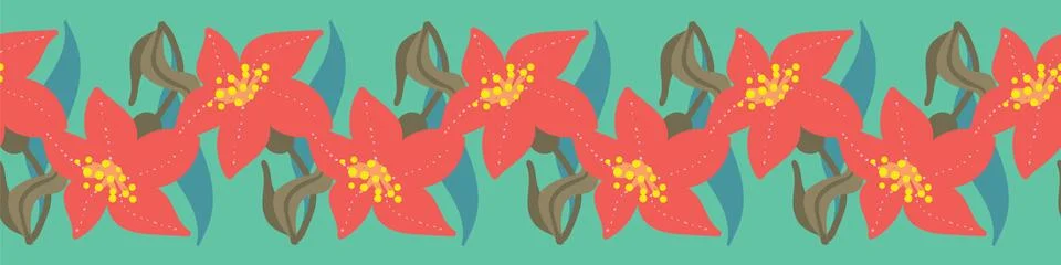 Row of red flowers seamless vector border Stock Illustration