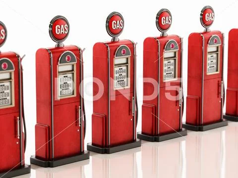 Row of retro fuel pumps isolated on white background. 3D illustration ...