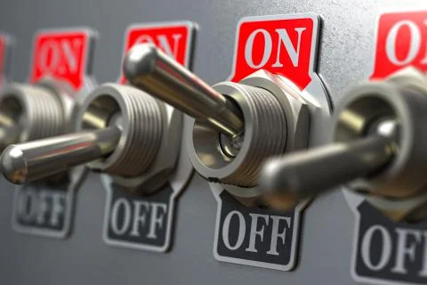 Row of retro toggle switch ON OFF on metal background. Stock Illustration
