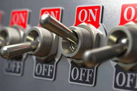 Row of retro toggle switch ON OFF on metal background. Row of retro toggle... Stock Photos