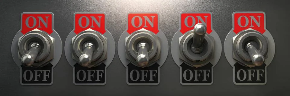 Row of retro toggle switch in OFF position and one in ON position on metal... Stock Photos