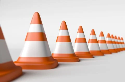 Row of road cones on a white background, depth of field Stock Illustration