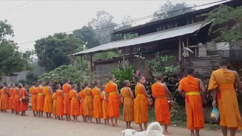 Row of robed young monks stand at dirt roadside and sing Buddhist prayer at dawn Vídeos de archivo 81785568