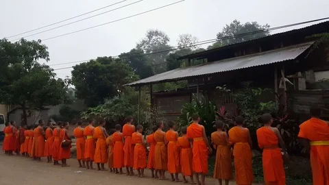 Row of robed young monks stand at dirt roadside and sing Buddhist prayer at dawn Vídeos de archivo 81787066