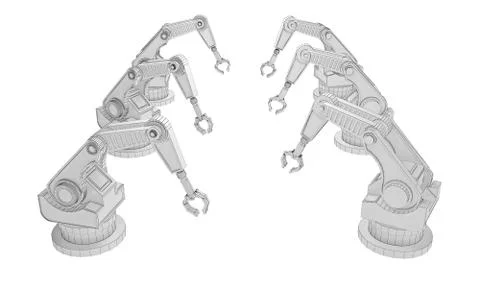 Row robot arms above view isolated on white 3d rendering Stock Illustration