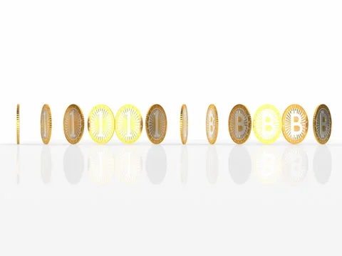Row of rotating bitcoins Stock Footage 81044311
