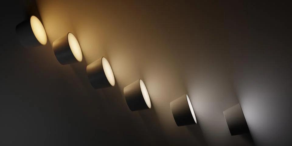 Row of round light spots on the floor showing different kelvin color temper.. Stock Illustration