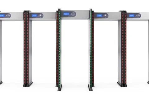 Row of Safe Security Walkthrough Gates With Metal Detectors. 3d Rendering Illustrazione stock