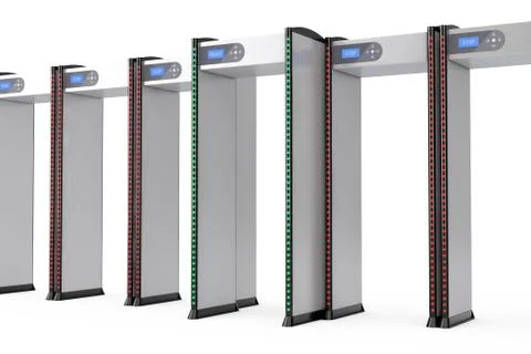 Row of Safe Security Walkthrough Gates With Metal Detectors. 3d Rendering Illustrazione stock