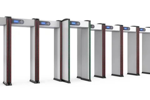 Row of Safe Security Walkthrough Gates With Metal Detectors. 3d Rendering Illustrazione stock
