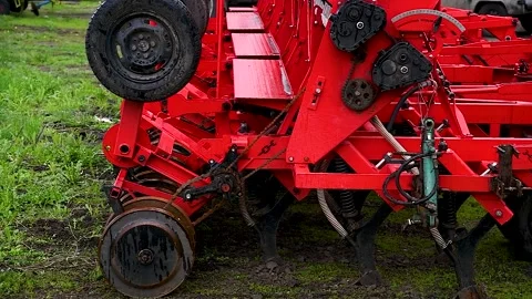 Row seed drill grain. Seed sowing device. Stock Footage 255444051