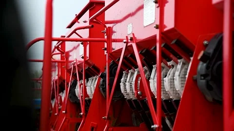 Row seed drill grain. Seed sowing device. Stock Footage 255444054