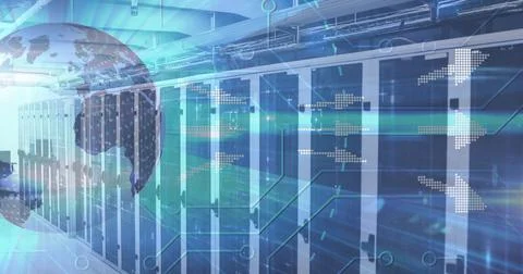 Row of server cabinets stretching down modern data center corridor, with globe 스톡 사진