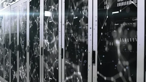 Row of server racks in data center showing animated network overlay with camera Stock Footage 332686071