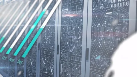 Row of server racks, teal disc appearing, diagonal bars sliding, globe emerging, Stock Footage 331269882