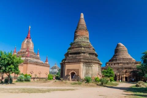 Row of several temples in Bagan, Myanmar Stock Photos