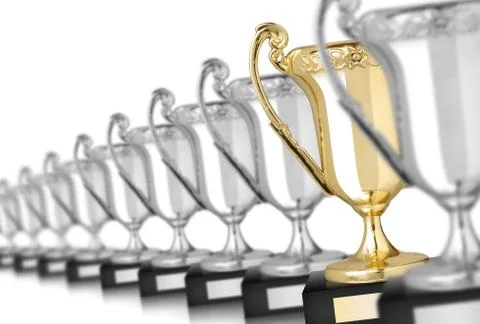 Row of silver trophies and one gold isolated on white Stock Photos
