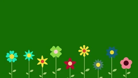 A row of simple, flat design flowers with leaves and stems Видео 331632254
