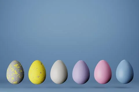 Row of six Easter eggs in trendy colors on blue background, copy space. 3D re イラスト素材