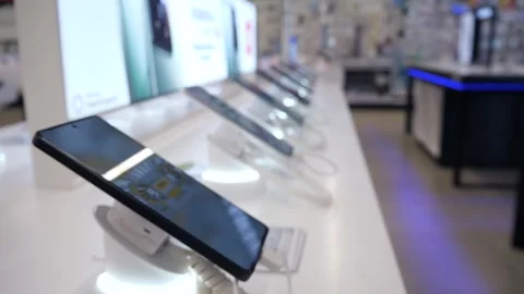A row of smartphones on display in a store Stock-Footage 296120522