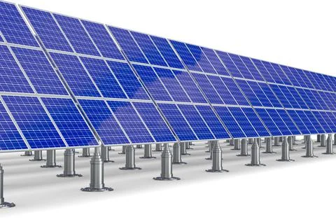 Row solar panels with clouds reflection on white background. Isolated 3D illu Stock Illustration