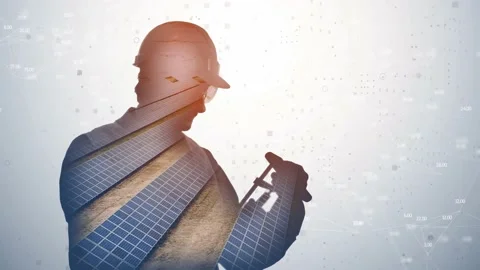 A row of solar panels in the silhouette of an engineer at work. The idea of syne Stock Footage 233030494