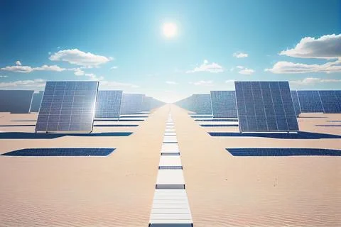 A row of solar panels sitting on top of a sandy beach next to the ocean sol.. Ilustração Stock
