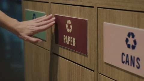 Row of sorting container for plastic, glass, paper, tin cans and food waste Stock Footage 230845630