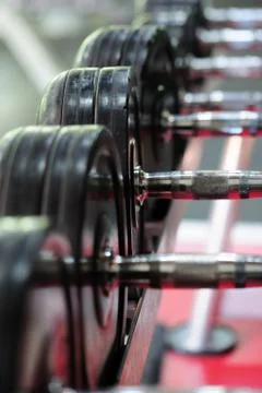 Row of spinlock dumbbels in special rack Stock Photos