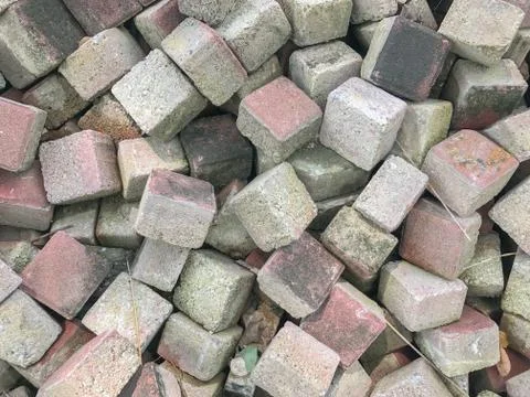 Row stack of warm brick in construction site Stockfoto's